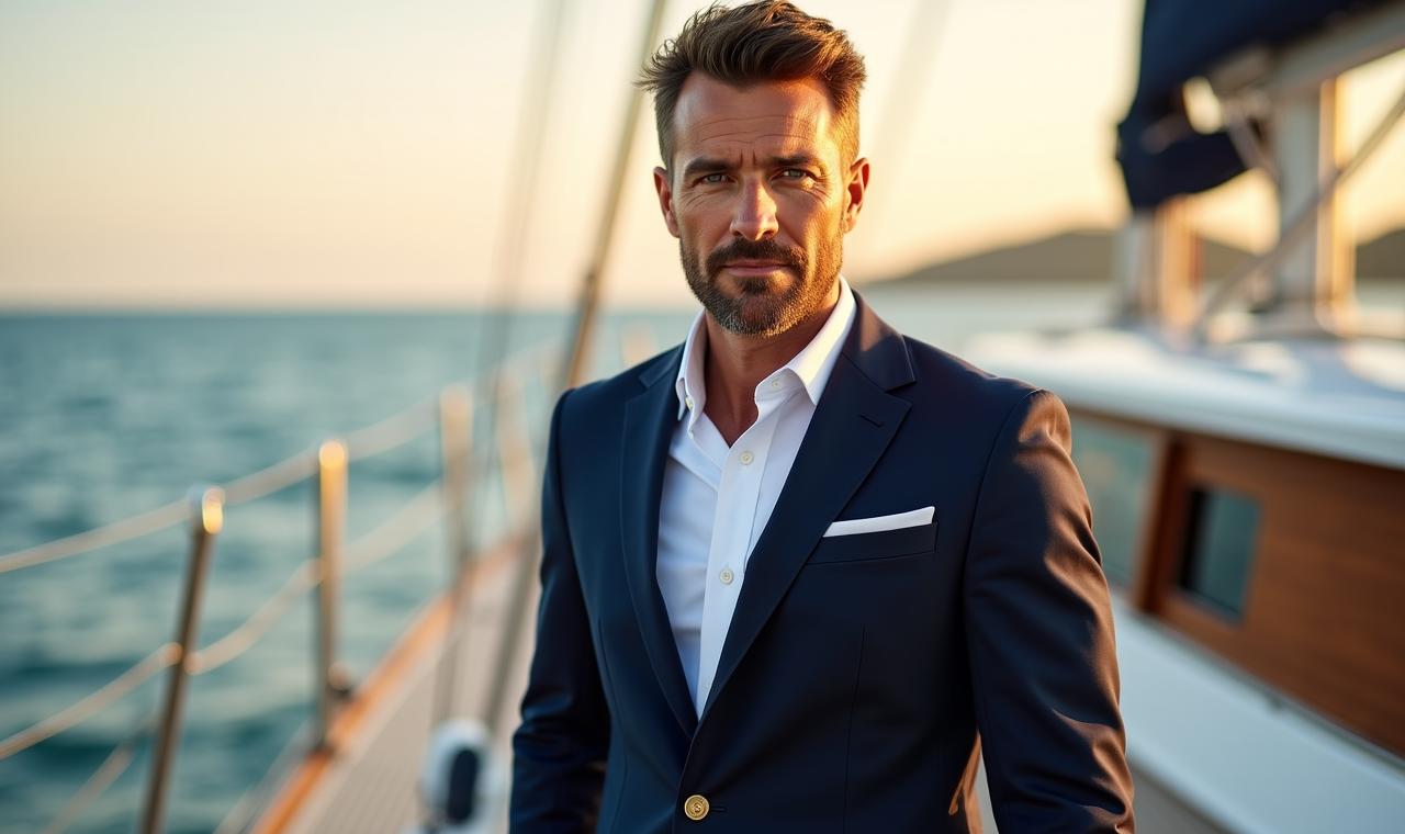 Uomo elegante con blazer blu nautico su una barca a vela
